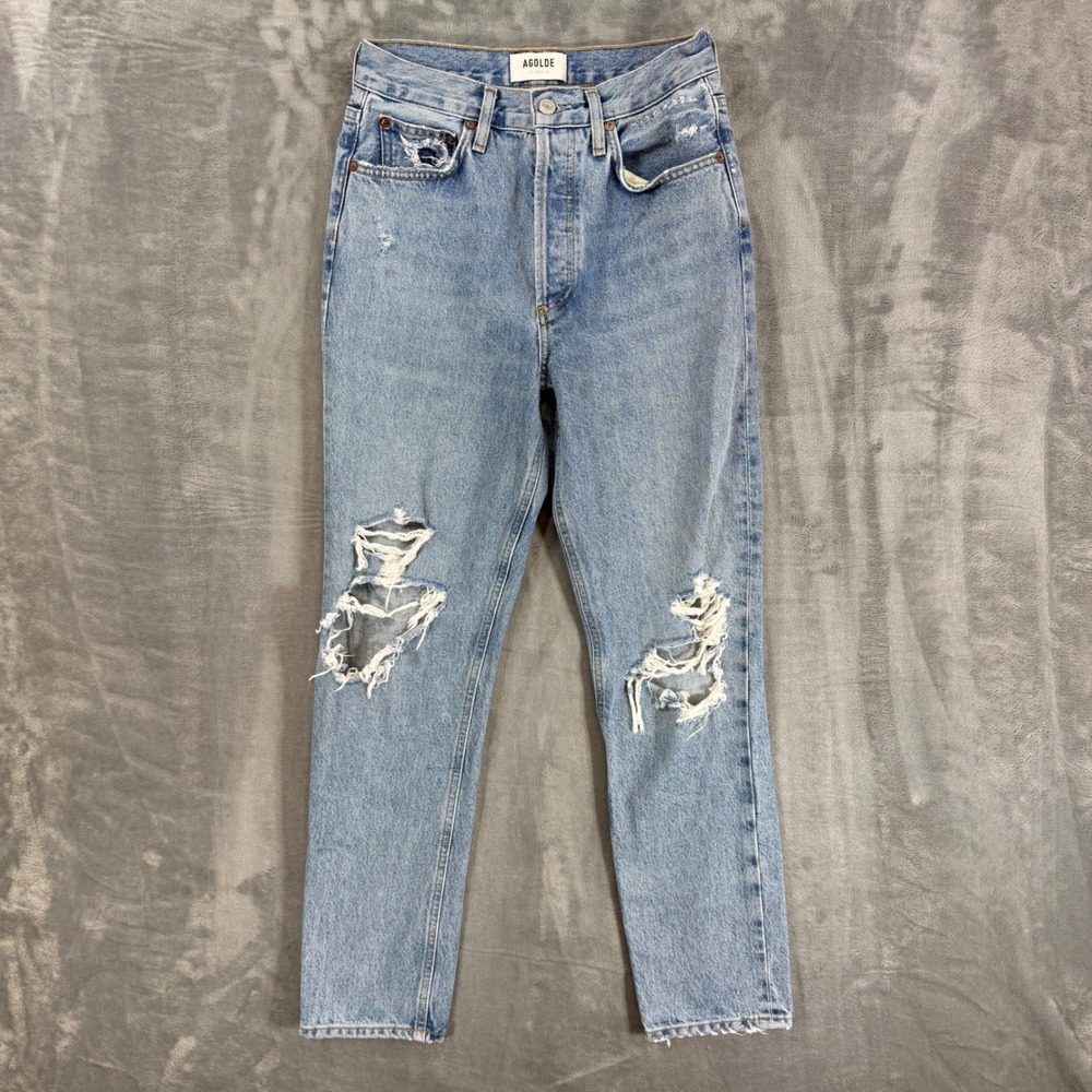 Agolde Fen High Rise Straight Leg Jeans Women's 24 Light Wash Distressed Blue